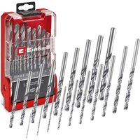 Einhell 19 Piece HSS-G Drill Bit Set with silver metal bits in a red and clear plastic case.