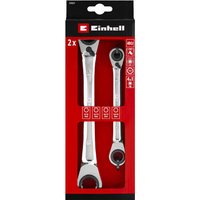Silver Einhell ratcheting ring spanner set with two sizes, black grip details, in red and black packaging.