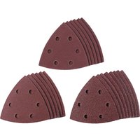 Set of 20 red triangular delta sanding sheets with six holes each, designed for precision sanding tasks.