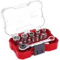 Red and silver Einhell 21 piece socket and bit set with ratchet driver in a transparent lidded case.