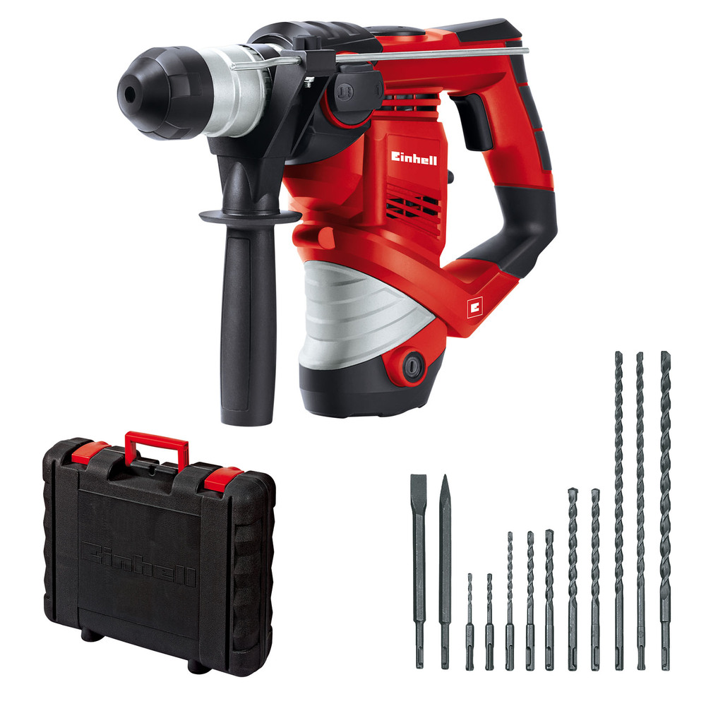 Red and black Einhell rotary hammer with adjustable drill and chisel, accompanied by a sturdy black carrying case and various drill bits.