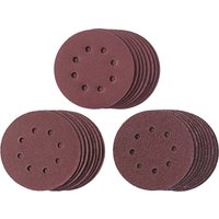 Red-brown Einhell 25 piece disc sanding sheet set, 125mm, with holes for dust extraction, arranged in three stacks.