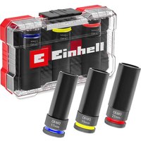 "Einhell 3 piece 1/2 inch drive alloy wheel impact socket set in clear XS case with red accents and color-coded sockets"