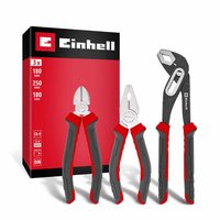 Einhell 3 Piece Plier Set with red and black grips, includes diagonal cutter, combination plier, and water pump plier.