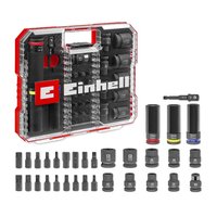 Einhell 32 piece impact socket and bit set in transparent XL case with red accents and organized compartments.