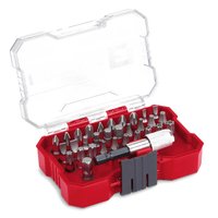 Red and clear case with 32-piece screwdriver bit set, including various metal bits and a magnetic bit holder.