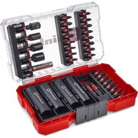 Red and clear case with 35-piece Einhell impact socket and bit set, featuring black sockets and bits organized neatly.