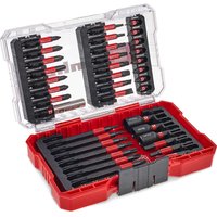 Red and black Einhell 38 piece impact screwdriver bit set in a transparent-lid M case, organized in rows.
