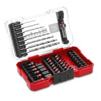 Red and black Einhell 39-piece hex shank screwdriver and HSS drill bit set in a transparent plastic case.