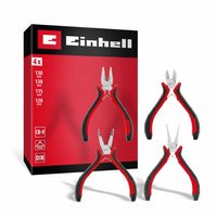 Einhell 4 Piece Precision Plier Set with red and black handles, displayed with branded packaging.