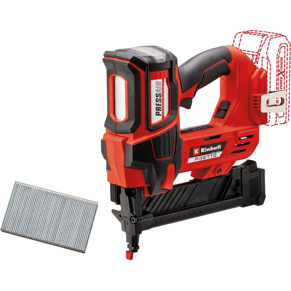 Red and black cordless staple gun with a textured grip, featuring a magazine for staples, and a visible staple strip beside it, designed for professional use.