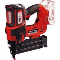 Red and black Einhell 18V cordless nailer with ergonomic grip and Power X-Change battery slot.