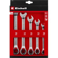 Einhell 5 Piece Ratchet Combination Spanner Set with silver wrenches in various sizes in red and black packaging.
