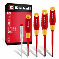 Red and yellow Einhell VDE insulated screwdriver set with four screwdrivers and a tester in a branded box.