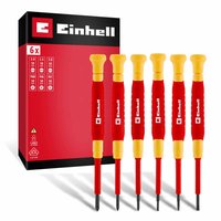 Einhell 6 Piece Precision VDE Insulated Screwdriver Set with red handles and yellow tips, includes a red storage box.
