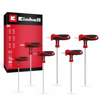 Red and black Einhell T handle hexagon Allen key set with six sizes, displayed next to branded packaging box.