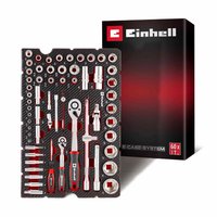 Einhell 60 piece socket set in black foam tray with red accents, includes ratchets, sockets, and bits in organized layout.
