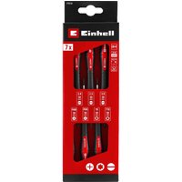 Red and black Einhell 7 Piece Precision Screwdriver Set in a vertical box with clear window displaying tools.