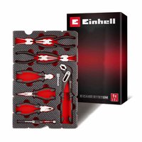 Einhell 9 Piece Plier Set in foam tray, red and black handles, fits E Case, includes various plier types.
