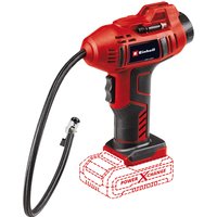 Red Einhell cordless car air compressor with black hose, ergonomic grip, and Power X-Change battery slot.