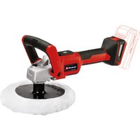 Red and black Einhell cordless polisher with 180mm white pad and ergonomic handle, battery slot visible.