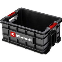 Black Einhell E-Case stackable storage crate with red handles and logo on the side.
