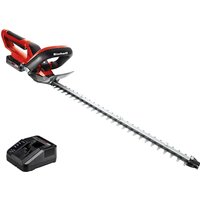 Red and black Einhell cordless hedge trimmer with 550mm blade and ergonomic handle, includes battery and charger.