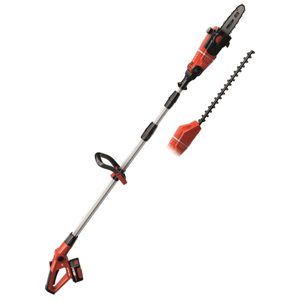 Red and black cordless pole pruner with a telescopic aluminum shaft, featuring a chainsaw blade and hedge trimmer attachment, designed for easy tree and shrub maintenance.