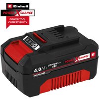 Black and red Einhell 18v cordless Li-ion battery with 4.0Ah capacity and Power X-Change logo.