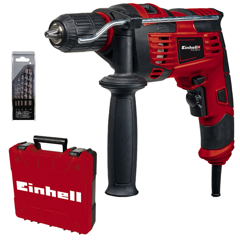 Red and black Einhell rotary hammer drill with a textured grip, a keyless chuck, and a carry case, accompanied by a five-piece drill bit set.