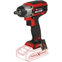 Red and black Einhell cordless impact wrench with ergonomic grip and metal head, battery not included.
