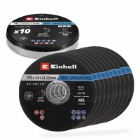 Einhell Inox stainless steel cutting discs in black storage tin, featuring red logo and detailed specifications.