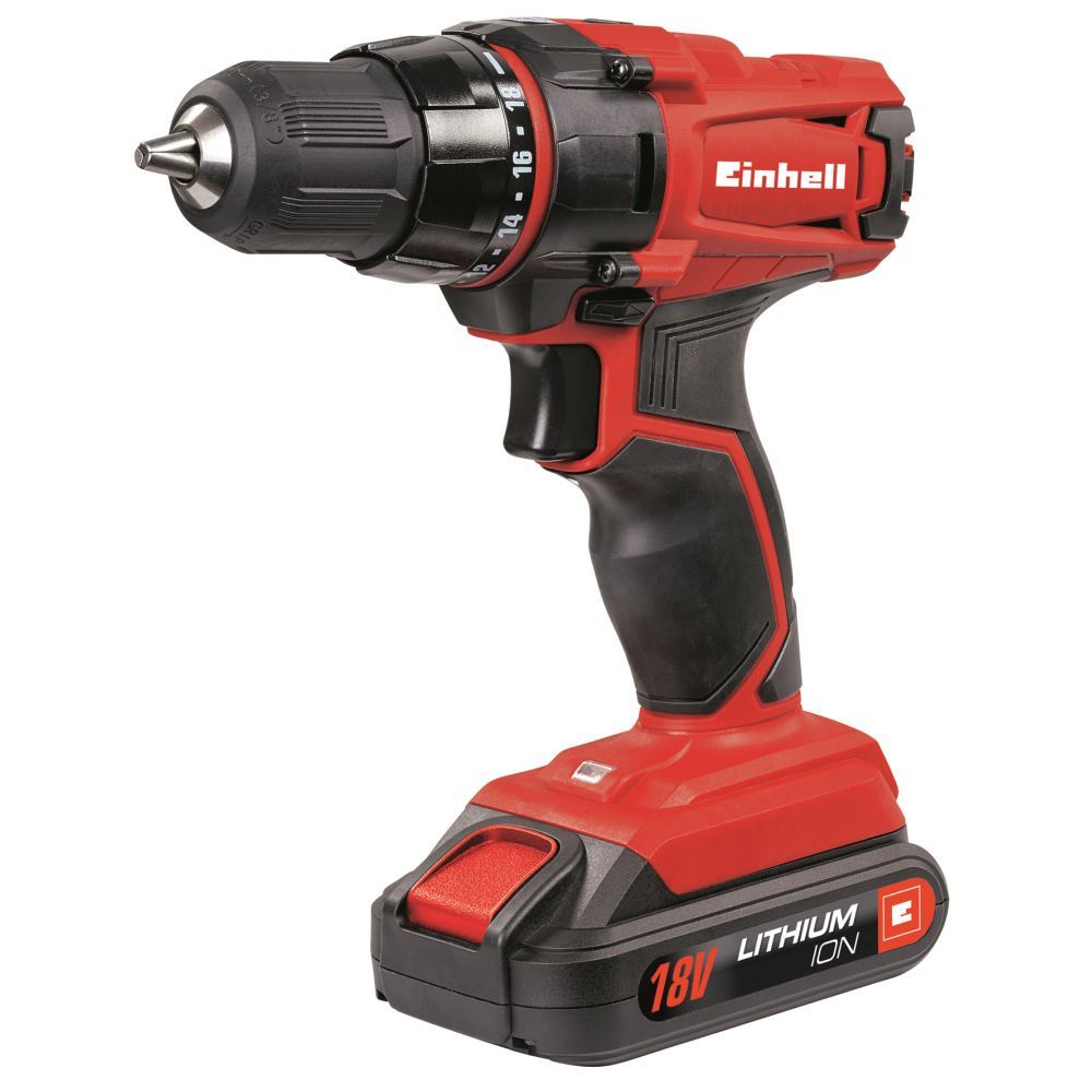 Red and black cordless drill with an 18V lithium-ion battery, featuring a two-speed adjustable setting, LED light, and a keyless chuck for easy bit changes.