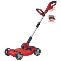 Red Einhell cordless lawn trimmer with adjustable handle, four wheels, and telescopic shaft.