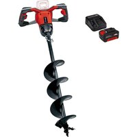 Red and black cordless earth drill auger with brushless motor, ergonomic handles, and spiral drill bit.
