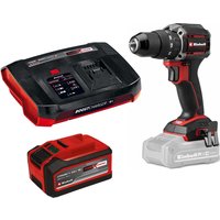 Red and black Einhell cordless combi drill with brushless motor, lithium battery, and charger.