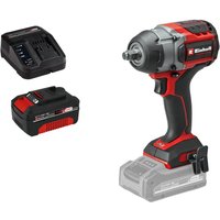 Red and black Einhell cordless impact wrench with brushless motor, 1/2" drive, lithium battery, and charger.