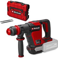 Red and black Einhell cordless SDS Plus demolition hammer with brushless motor, ergonomic handle, and carrying case.
