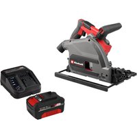 Red and gray Einhell cordless plunge saw with black handle, 165mm blade, charger, and lithium battery pack.