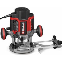 Red and black Einhell Professional TP-RO 1400 E plunge router with ergonomic handles and adjustable depth gauge.