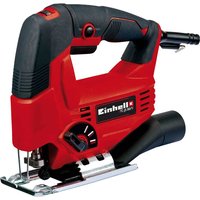 Red and black Einhell TC-JS 80/1 jigsaw with ergonomic handle, adjustable speed dial, and metal base plate.