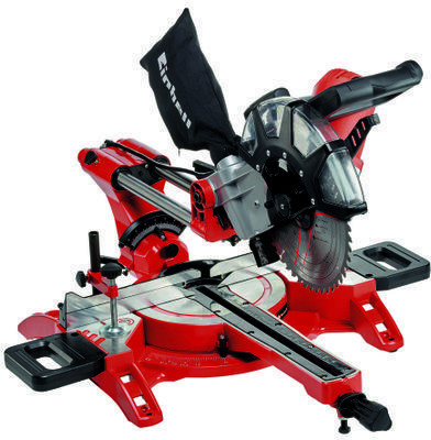 Red and black Einhell sliding mitre saw with a 250mm blade, 2100W motor, adjustable cutting angles, and a sturdy base for stability during use.
