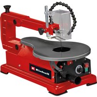 Red Einhell TC-SS 406 E scroll saw with adjustable arm, black worktable, and transparent blade guard.