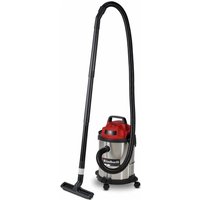 Red and silver Einhell wet and dry vacuum cleaner with black hose and wheels, 15-litre capacity.