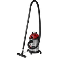 Red and silver Einhell wet and dry vacuum cleaner with black hose and wheels, 20L capacity.
