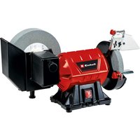 Red and black Einhell wet and dry bench grinder with dual grinding wheels and protective guards.