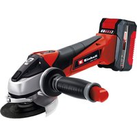 Red and black Einhell cordless angle grinder with 115mm disc and 4.0Ah battery attached.