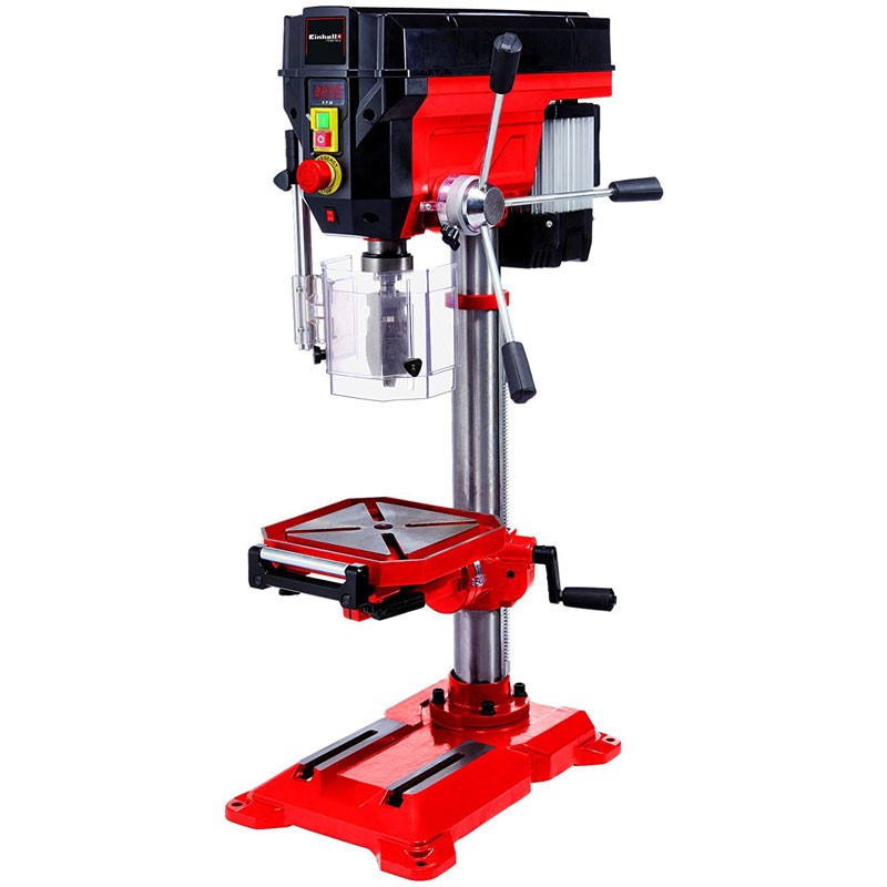 Red and black Einhell TE-BD 750 E bench drill features a sturdy metal base, adjustable table, digital display, and a clear drill chuck guard for enhanced safety.
