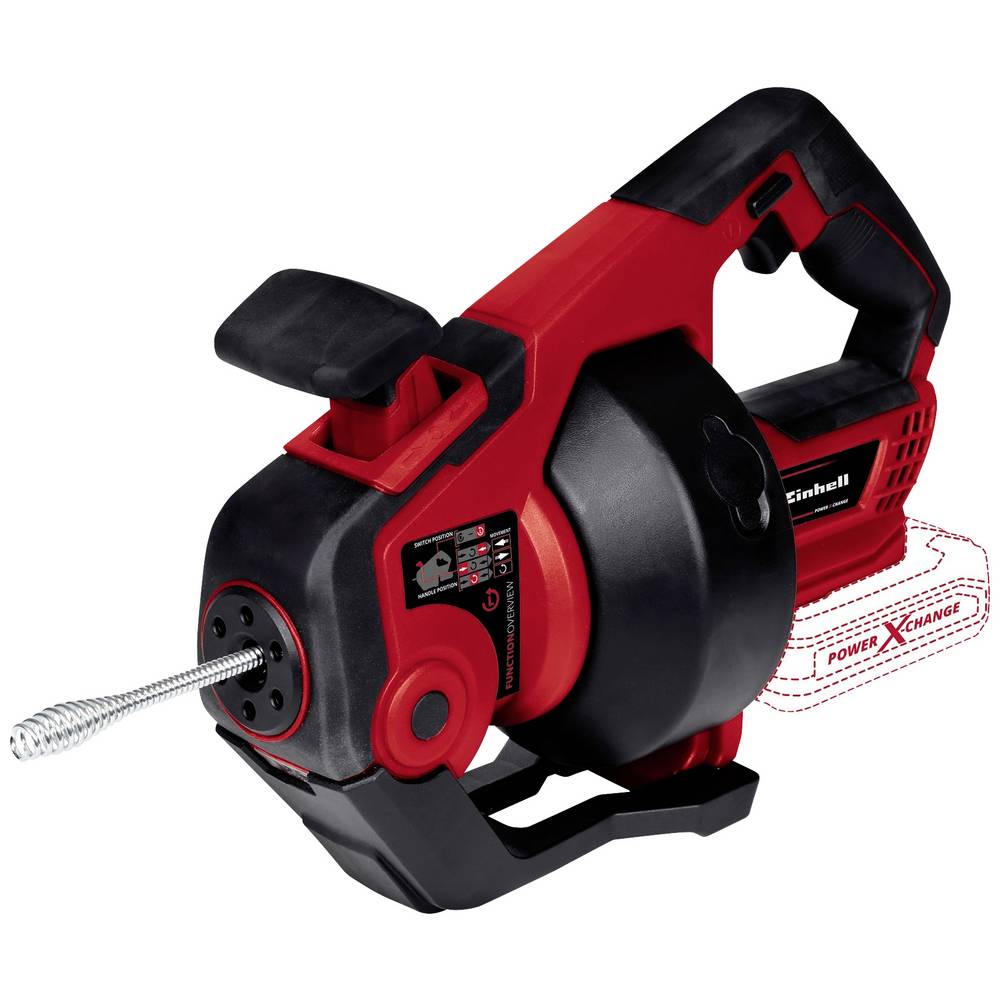 Red and black cordless drain cleaner with a robust handle, featuring a spiral auger attachment and a prominent Power X-Change logo, designed for efficient clog removal.