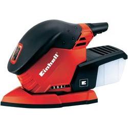 Compact palm sander in red and black, featuring a curved design, dust collection box, and a 130W motor, ideal for sanding various surfaces.
